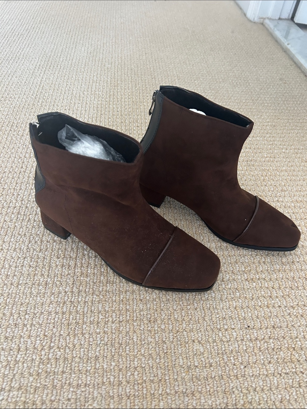 Women's Brown Suede Ankle Booties with Low Block Heel Back Zipper